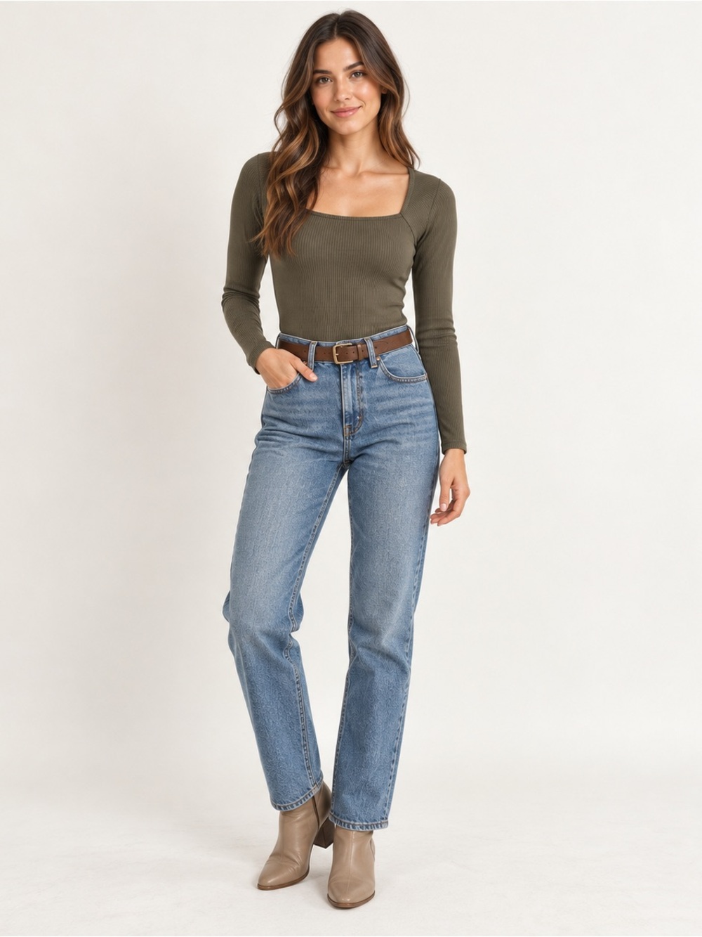 American Eagle Olive Green Ribbed Square Neck Bodysuit Medium